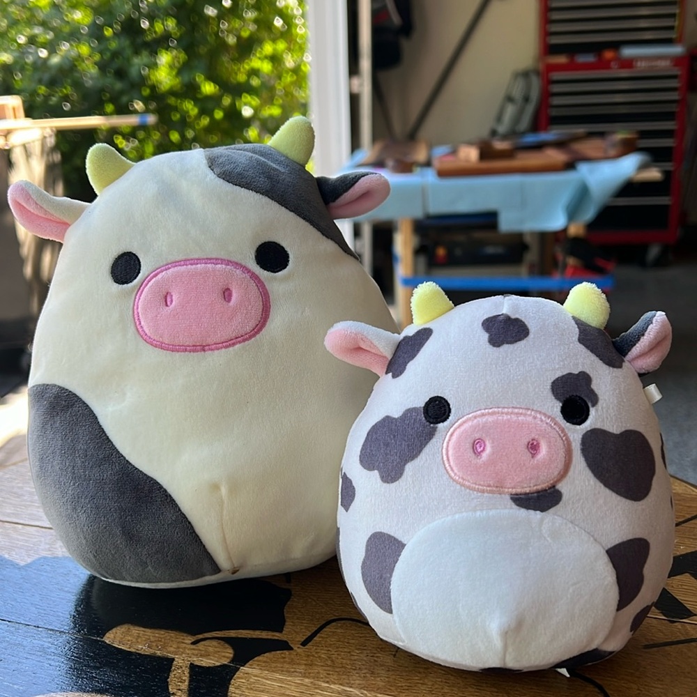 Squishmallows Plush Cow Pair in White, Pink, Gray, Yellow